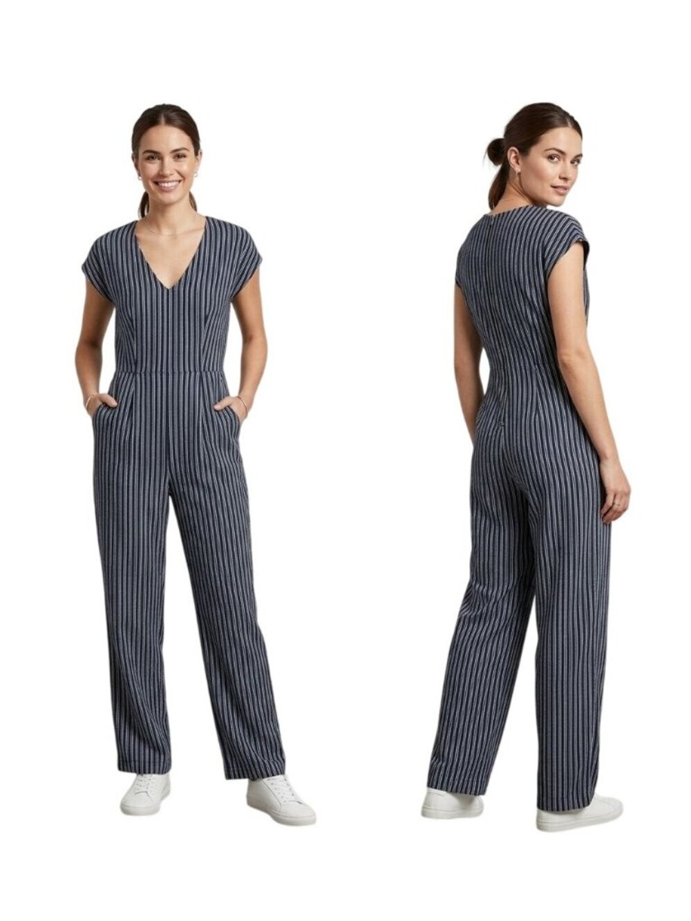 Ann Taylor Jumpsuit Size 10 Striped Blue White 100% Cotton V-Neck Back Zipper